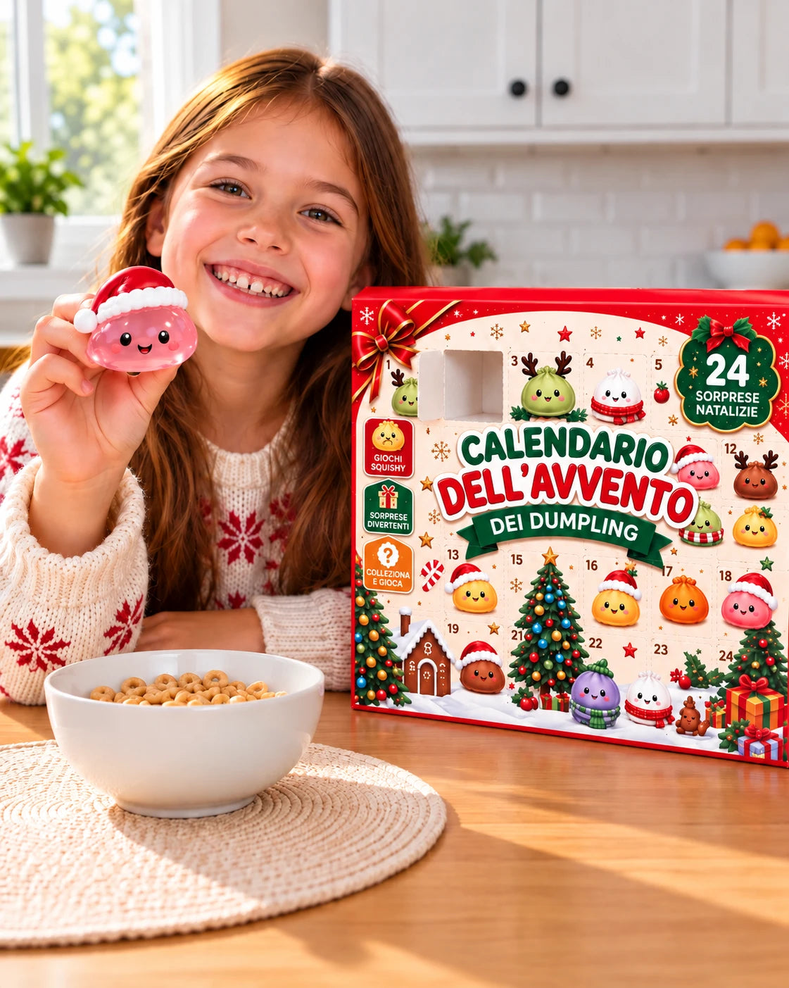 Bambina felice con uno squishy e il calendario dell'Avvento dei dumpling